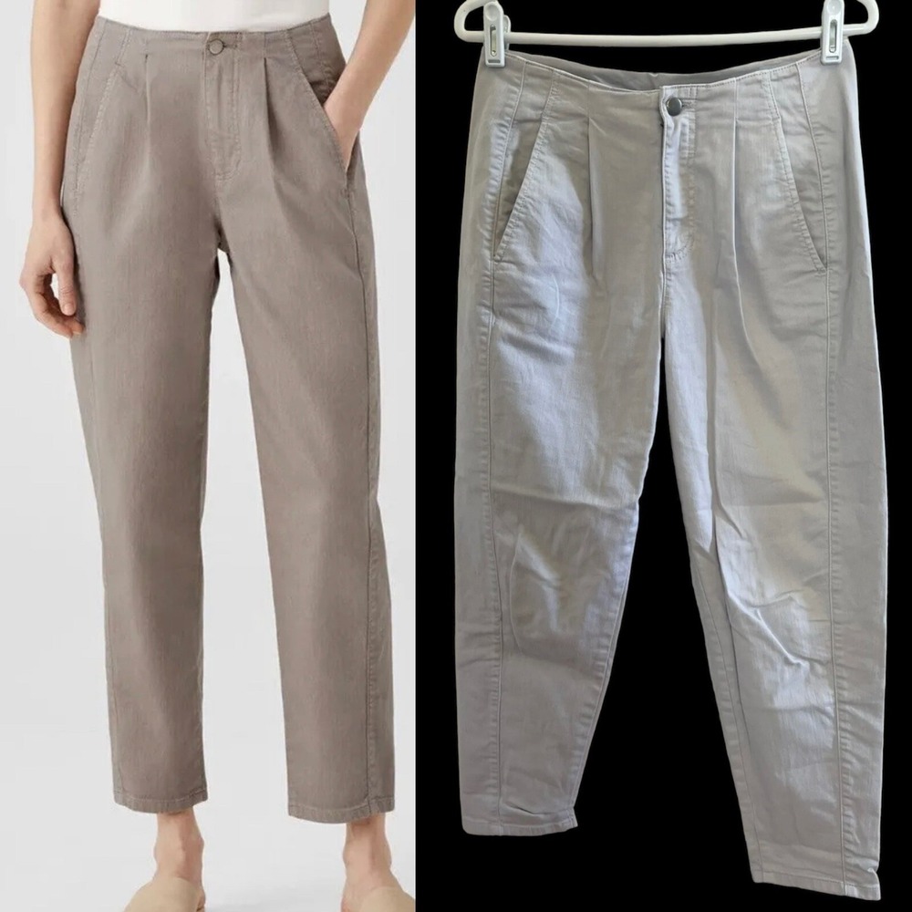 Eileen Fisher Khaki Pleated Denim Tapered Pant Organic Cotton Preppy Academia 4P
